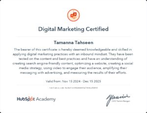 Certificate of digital marketing by Hubspot