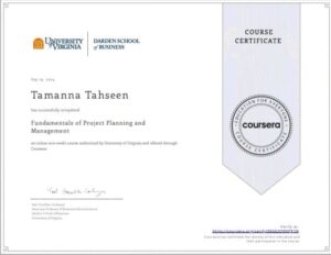 Certificate of project planning and management by Coursera
